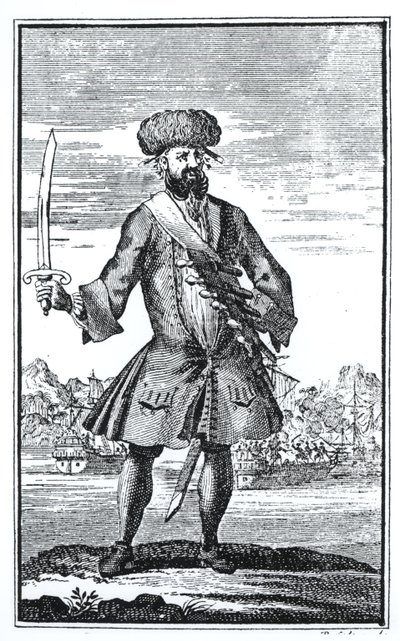 Blackbeard der Pirat, aus Eine allgemeine Geschichte der Raubüberfälle und Morde der berüchtigtsten Piraten von Kapitän Charles Johnson, veröffentlicht 1724 von English School