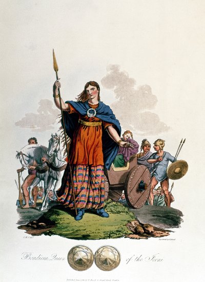 Boudicca, Königin der Iceni, entworfen von C.H.S., graviert von Richard Havell dem Älteren, veröffentlicht 1815 (Aquatinta) von English School