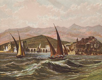 Boote segeln vor der Küste des Heiligen Landes von English School