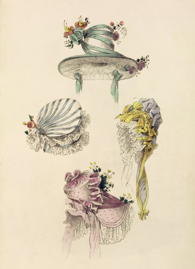 Hüte für einen Anlass, Modeplatte aus Ackermanns Repository of Arts von English School