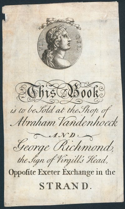 Buchplatte, dieses Buch wird im Laden von Abraham Vandenhoeck und George Richmond verkauft von English School