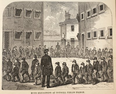 Jungen beim Sport im Tothill Fields Prison, Illustration aus The Criminal Prisons of London and Scenes from Prison Life von Henry Mayhew und John Binny, veröffentlicht 1862 von English School