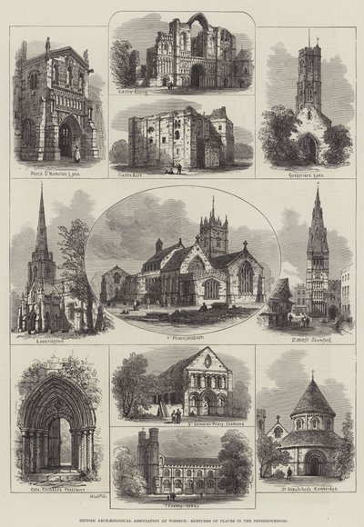 Britische Archäologische Vereinigung in Wisbech, Skizzen von Orten in der Umgebung (Gravur) von English School