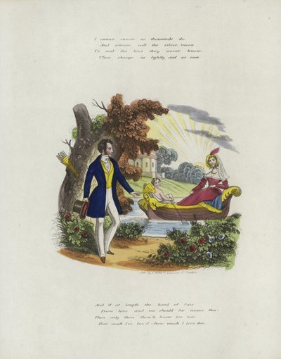 Britische Valentinskarte mit einem Bild eines Cherubs, der eine Frau in einem Boot rudert von English School