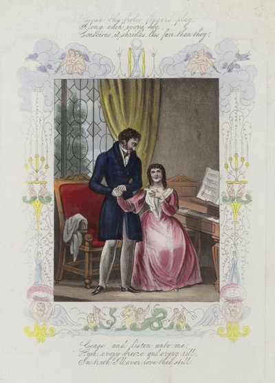 Britische Valentinskarte mit einem Bild eines Mannes, der die Hand einer Frau hält von English School
