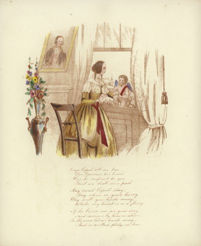 Britische Valentinskarte mit einem Bild einer Frau am Fenster mit einem Cherub von English School
