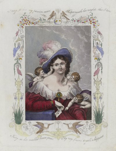 Britische Valentinskarte mit einem Bild einer Frau umgeben von Cherubinen von English School