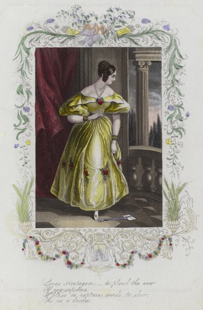 Britische Valentinskarte mit einem Bild einer Frau, die eine Valentinskarte auf dem Boden betrachtet von English School