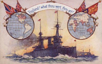 Britisches Schlachtschiff mit Karten und Flaggen des Britischen Empire von English School