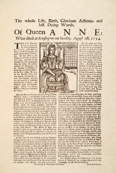 Flugblatt veröffentlicht zum Tod von Königin Anne, am Sonntag, den 1. August 1714 von English School
