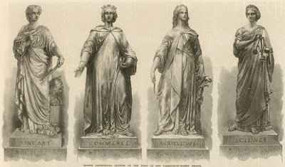 Bronzene allegorische Statuen auf den Pfeilern der Farringdon Street Bridge von English School