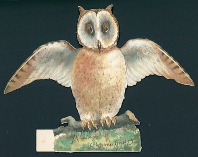 Braune Eule mit offenen Flügeln, Weihnachtskarte von English School