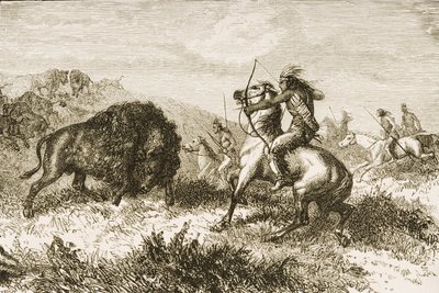 Büffeljagd auf den Great Plains zwischen St. Louis und Denver, ca. 1870, aus 