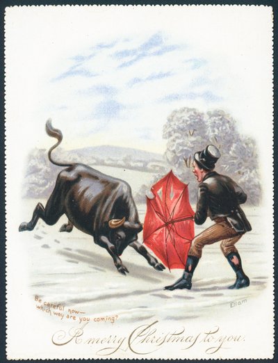 Stier stürmt auf roten Regenschirm, Weihnachtskarte von English School