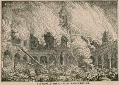 Brand der Royal Exchange, London, in der Nacht des 10. Januar 1838 von English School