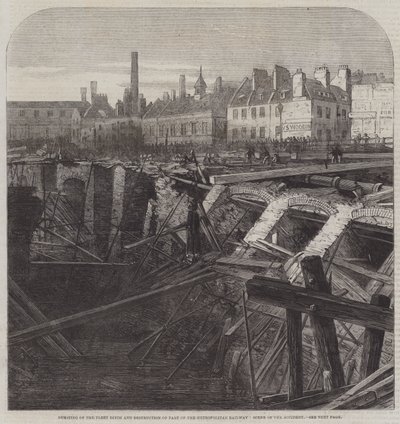 Bruch des Fleet Ditch und Zerstörung eines Teils der Metropolitan Railway, Unfallstelle (Gravur) von English School