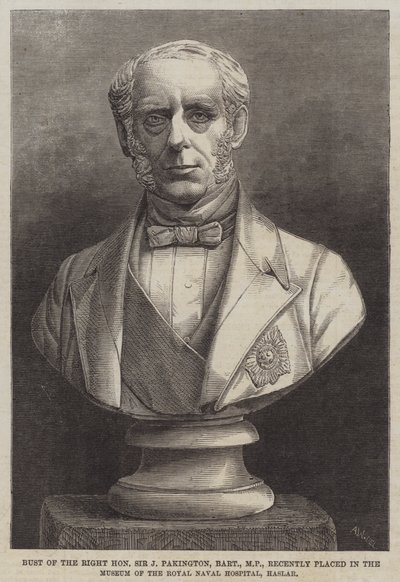 Büste des ehrenwerten Sir J. Pakington, Baronet, MP, kürzlich im Museum des Royal Naval Hospital, Haslar, aufgestellt (Stich) von English School