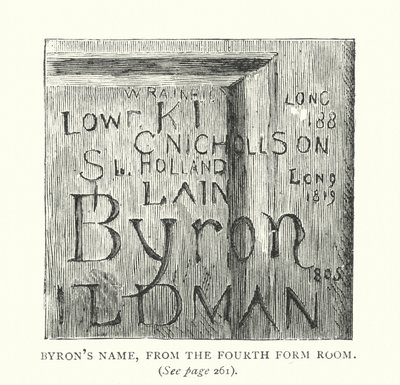 Byrons Name, aus dem Fourth Form Raum (Gravur) von English School