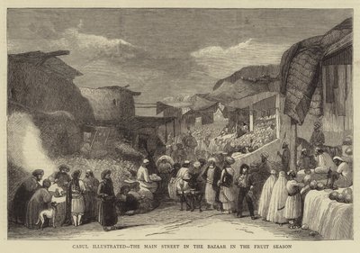 Kabul illustriert, die Hauptstraße im Basar in der Obstzeit (Stich) von English School