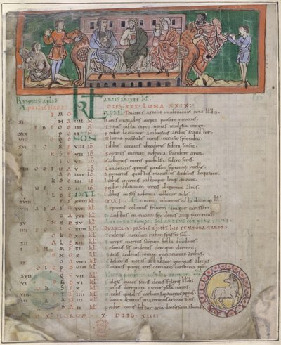 Kalenderseite für April: Festmahl, Illustration aus einem 
