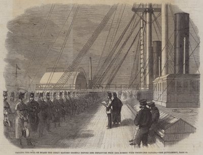 Appell auf der Great Eastern kurz vor ihrer Abfahrt aus dem Mersey mit Truppen nach Kanada (Gravur) von English School