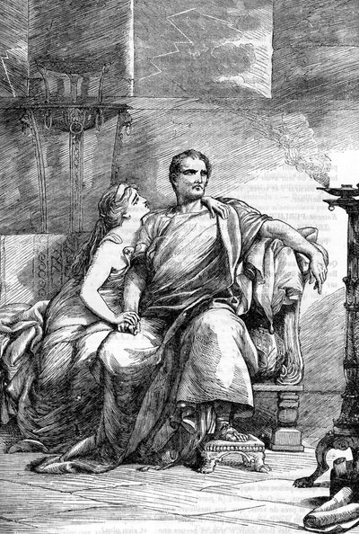 Calpurnia (Calpurnia Pisonis) und Caesar - Julius Caesar - Die Tragödie von Julius Caesar - Illustration in „Gesammelte Werke von William Shakespeare“ 1866 - Die Illustrationen und die allgemeine Form dieser Ausgabe sind von Cassell