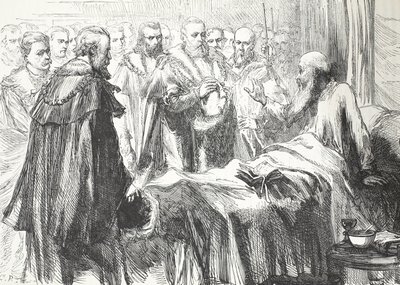 Calvin spricht den Rat zum letzten Mal an, Illustration aus Die Geschichte des Protestantismus von James Aitken Wylie, veröffentlicht 1878 von English School