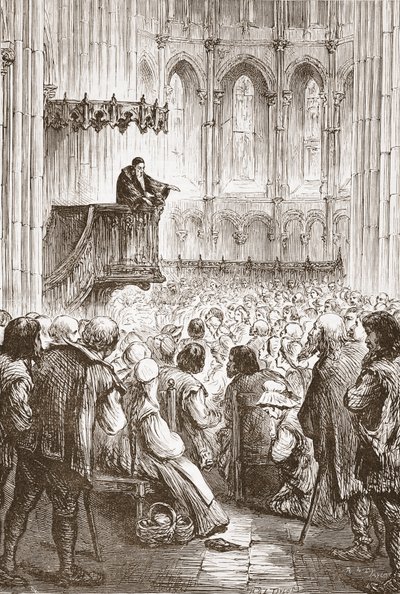 Calvin predigt seine Abschiedspredigt in Erwartung der Verbannung, Illustration aus Die Geschichte des Protestantismus von James Aitken Wylie, veröffentlicht 1878 von English School