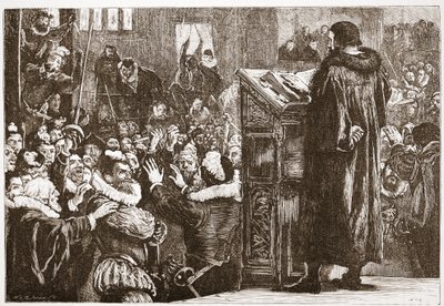 Calvin wird in der Kirche von Rive bedroht, Illustration aus Die Geschichte des Protestantismus von James Aitken Wylie, veröffentlicht 1878 von English School
