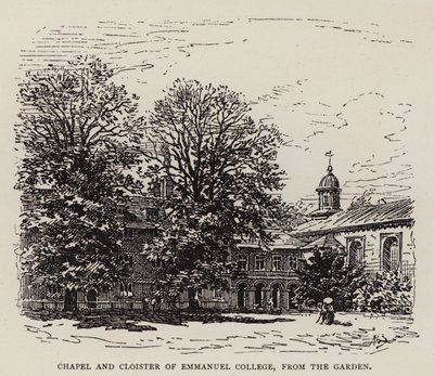 Cambridge: Kapelle und Kreuzgang des Emmanuel College, vom Garten aus (Radierung) von English School