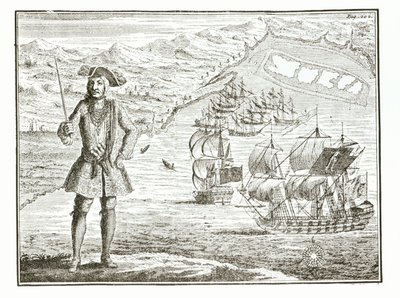 Kapitän Bartholomew Roberts (1682-1722) mit zwei Schiffen, der Royal Fortune und Ranger, segelt in Whydah Road an der Küste von Guinea, 11. Januar 172? aus Eine allgemeine Geschichte der Raubüberfälle und Mu von English School