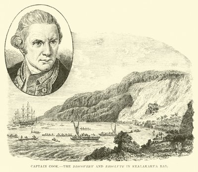 Captain Cook, die Discovery und Resolute in der Kealakekua-Bucht von English School