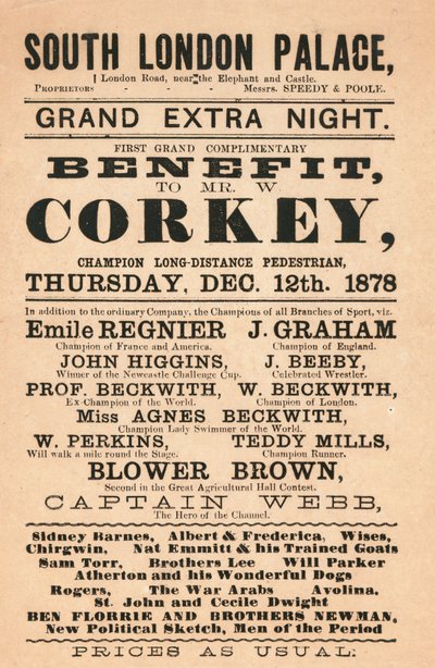 Captain Webb, der Held des Kanals, Corkey der Fußgänger, die Beckwiths (Schwimmer) und andere im South London Palace, 1878 von English School