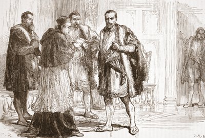 Kardinal de Tournon liest Franz I. das protestantische Plakat vor, Illustration aus Die Geschichte des Protestantismus von James Aitken Wylie, veröffentlicht 1878 von English School