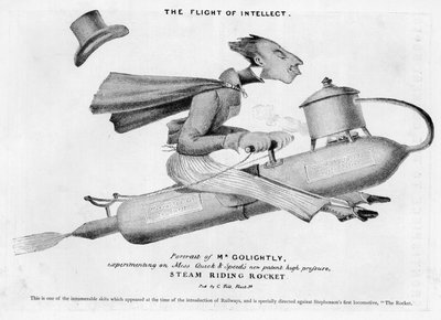 Karikatur, die die Einführung von Eisenbahnen verspottet, insbesondere Stephensons Rocket von English School