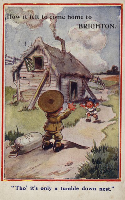 Karikatur-Propagandapostkarte eines kleinen Soldaten, der zu einem Mädchen und einem zerstörten Haus zurückkehrt von English School