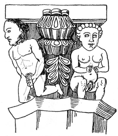 Gehauene Figuren eines Mannes und einer Frau, die ihre Genitalien zeigen, vom Kapitell einer Säule in einer Kirche in Egra von English School