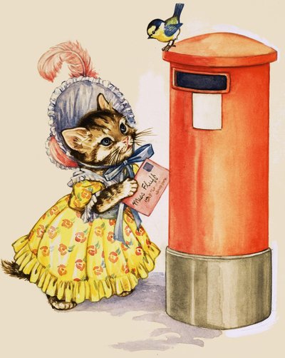 Katze mit Haube, die einen Brief in einen Briefkasten einwirft von English School
