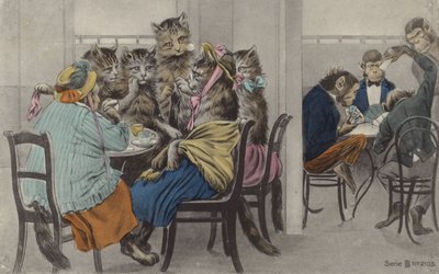 Katzen trinken Tee und Affen spielen Karten von English School