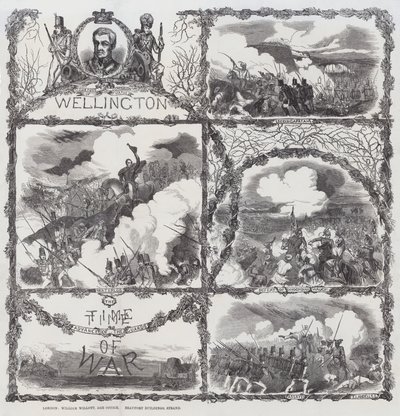 Feiern der Siege des Herzogs von Wellington bei der Belagerung von Seringapatam (1799), der Niederlage von Dhondia Wagh (1800), der Schlacht von Assaye (1803) und der Schlacht von Waterloo (1815) von English School