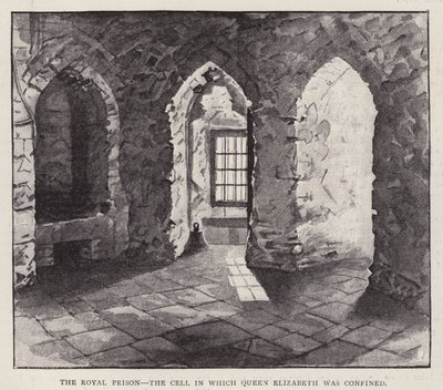 Zelle im Tower of London, in der die zukünftige Königin Elisabeth I. 1554 während der Herrschaft ihrer Halbschwester Maria I. eingesperrt war (Lithografie) von English School