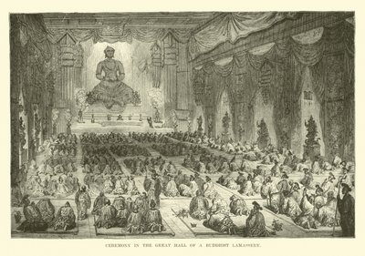 Zeremonie in der großen Halle eines buddhistischen Lamassery von English School
