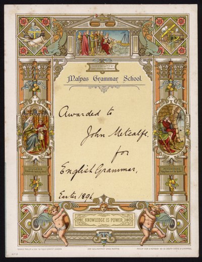 Zertifikat für Englisch-Grammatik, verliehen an einen Schüler der Malpas Grammar School, Cheshire von English School