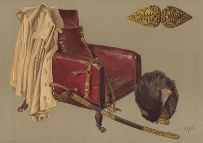 Stuhl und Mantel von Feldmarschall Herzog von Wellington, mit Bärenfell und Schwert der Grenadier Guards (Chromolithografie) von English School