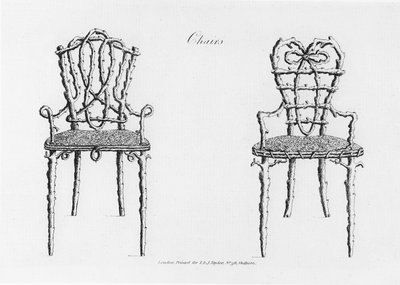 Stühle, aus Grotesque Architecture, or Rural Amusement, von William Wrighte, veröffentlicht 1768 von English School