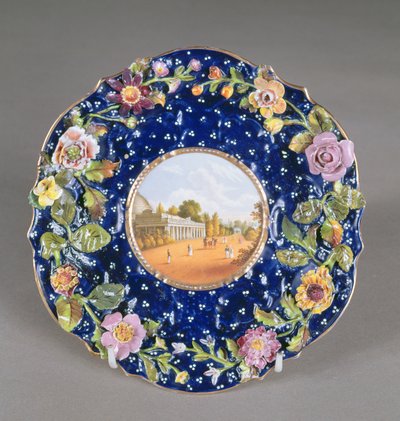 Chamberlains Worcester Teller mit Blumenverzierung und Ansicht des Montpellier Pump Room, Cheltenham, 1820 von English School