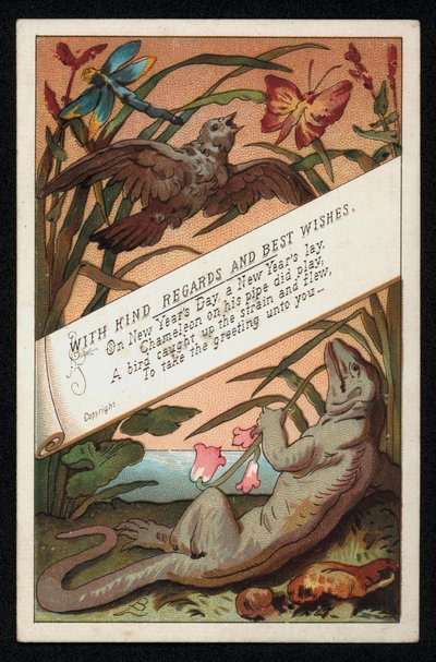 Chamäleon mit Vers und einem Vogel, Neujahrskarte von English School
