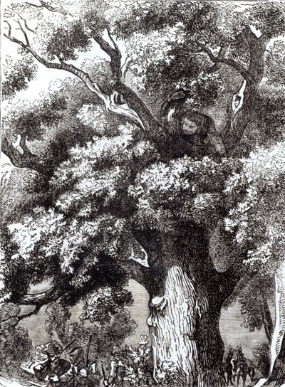 Karl II. (1630-85) versteckt sich im Eichenbaum, 14. Oktober 1651 von English School