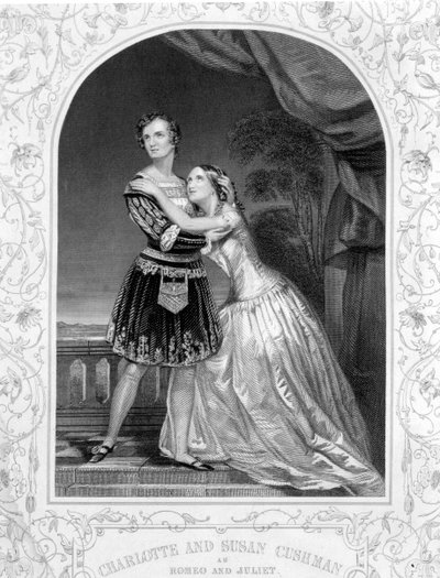 Charlotte und Susan Cushman als Romeo und Julia, Akt III Szene 5 von Romeo und Julia, von einem Daguerreotyp, veröffentlicht von John Tallis & Co. von English School