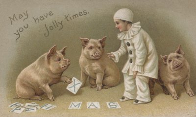 Kind im Pierrot-Kostüm mit drei Schweinen, Weihnachtskarte (Chromolithografie) von English School